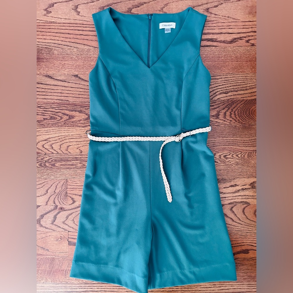 Calvin Klein Sleeveless V-neck Meadow Green Stretch Romper Shorts